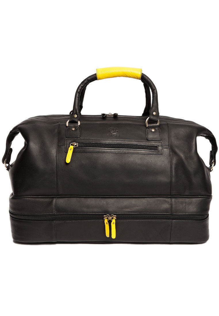 Grand sac de voyage en cuir avec plusieurs rangements noir détail jaune