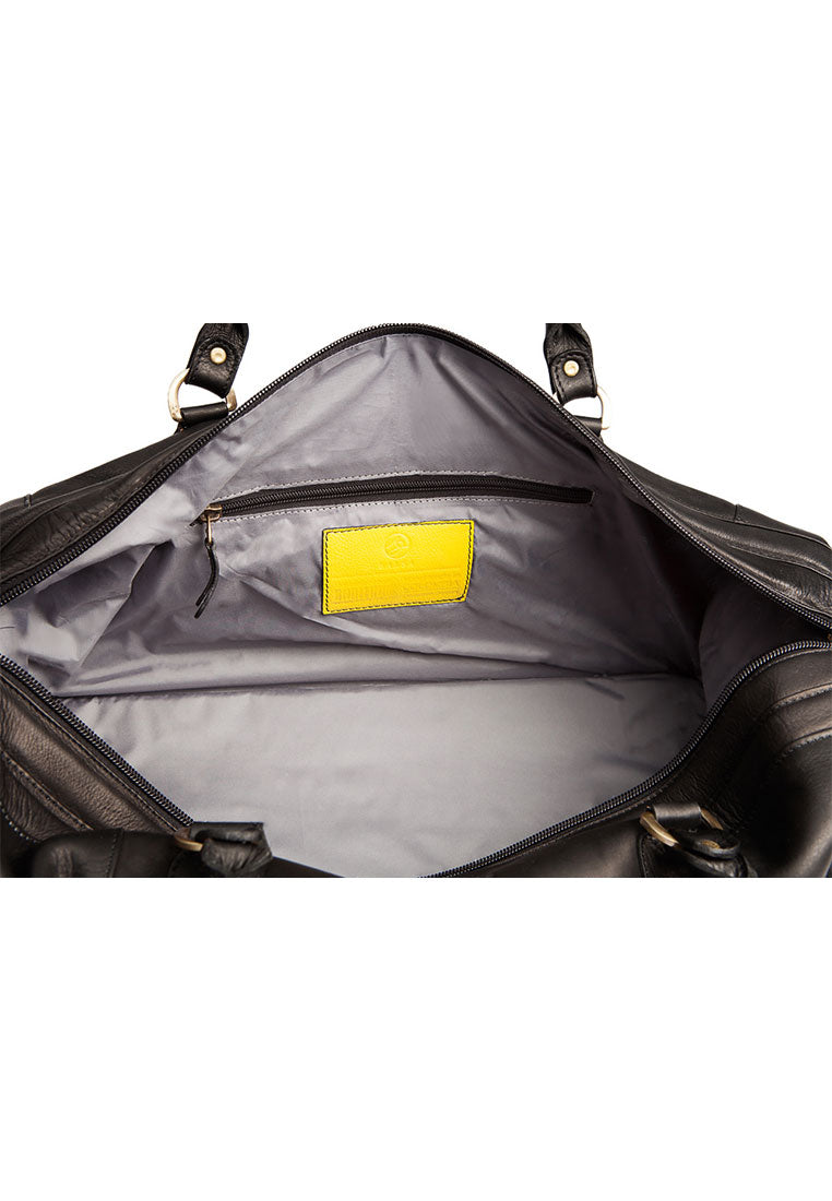 Grand sac de voyage en cuir avec plusieurs rangements noir détail jaune